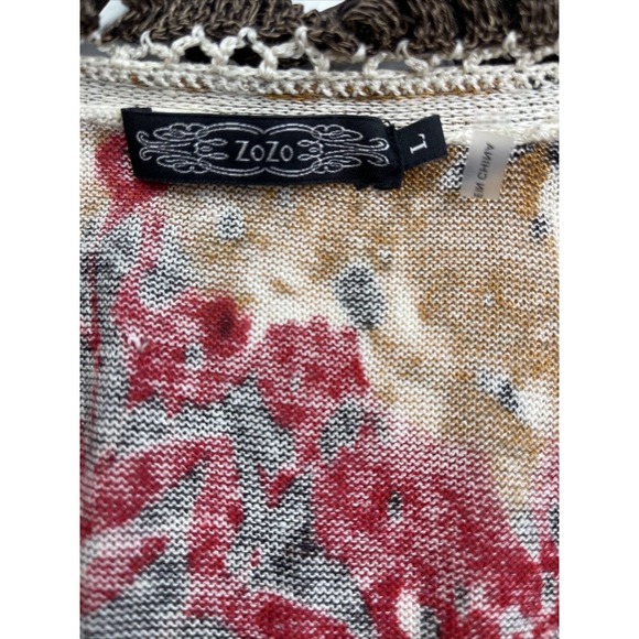 Zozo Knit Cardigan Sweater Linen Blend Size L Button Front Floral Thin - Picture 2 of 10
